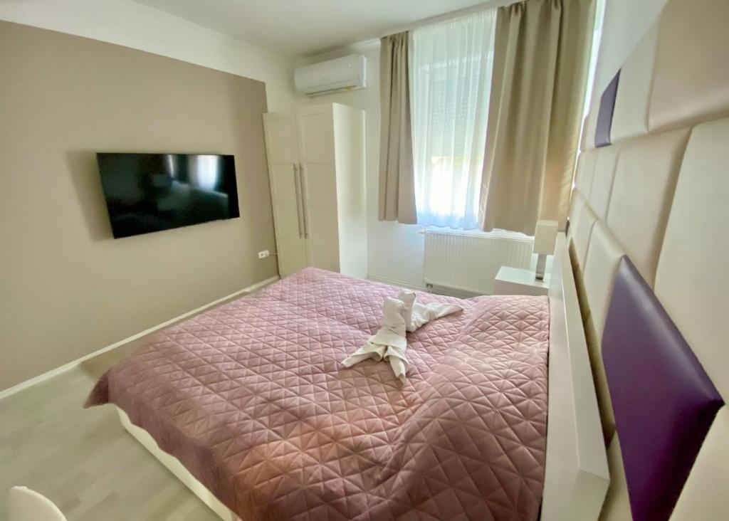 バラトンフレドにあるBonita Apartman & Garageのピンクベッド1台とテレビ付きのベッドルーム1室