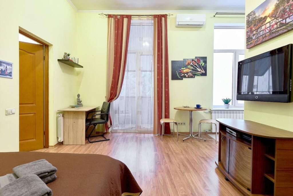 a living room with a bed and a flat screen tv at L16 - NICE STUDIO - 1 BEDROOM and 1 LIVING room on MAIN street- COSY APARTMENT IN CENTER CITY near Gulliver Mall in Kyiv