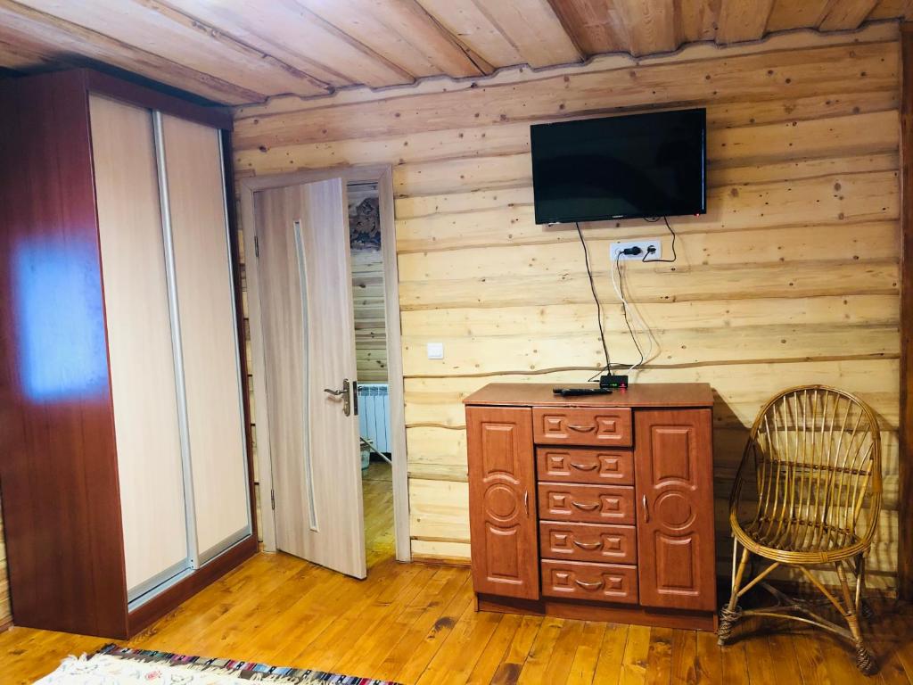 Habitación con TV y pared de madera. en У Віти номер3, en Synevyrsʼka Polyana