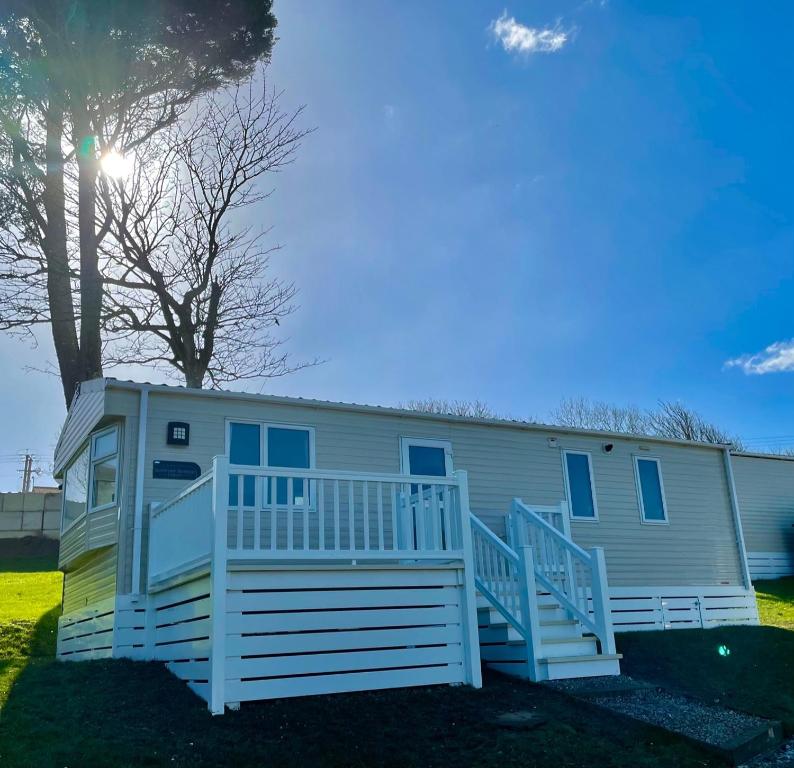 uma casa móvel com um alpendre e uma árvore em Newquay Bay Resort - SummerBreeze PV54 em Newquay Bay Resort