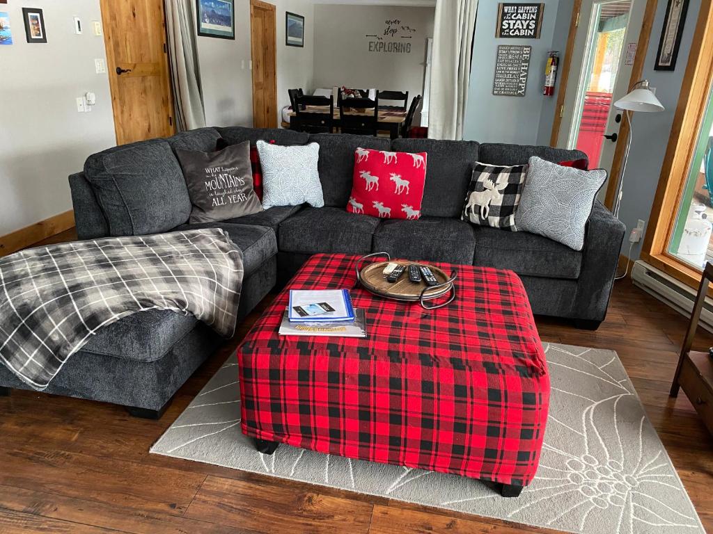 a living room with a couch with a plaid blanket at Journey's End - 2 bed 1 bath Suite in Golden