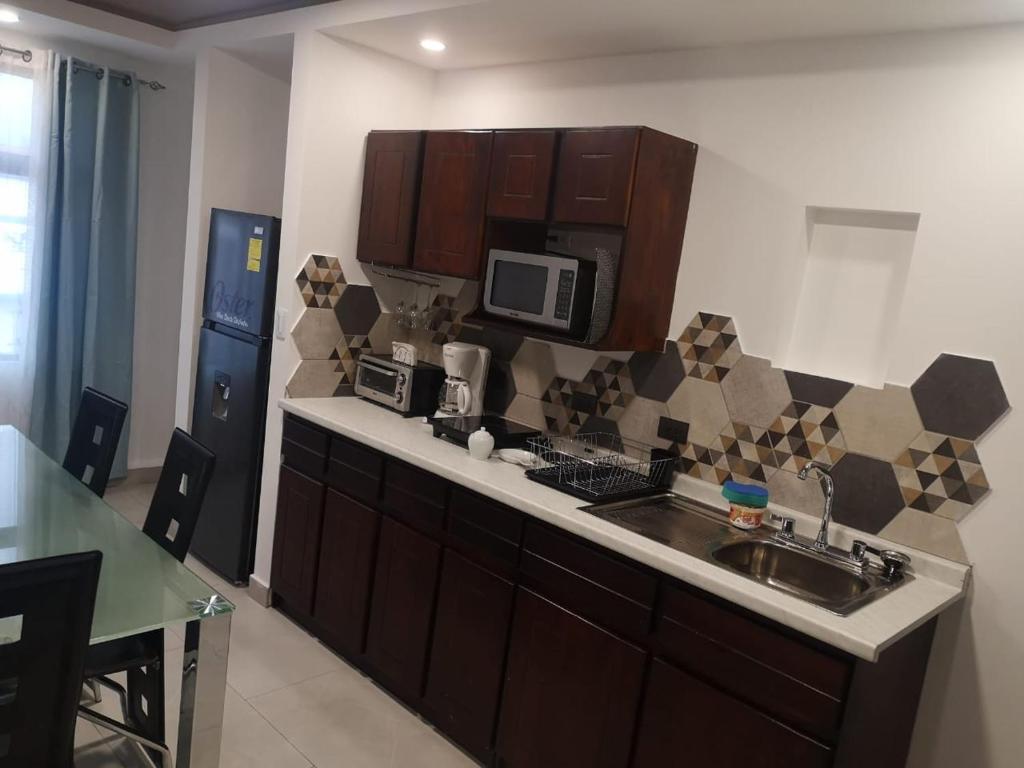 a kitchen with a sink and a microwave at 935 Lodge San José in San José