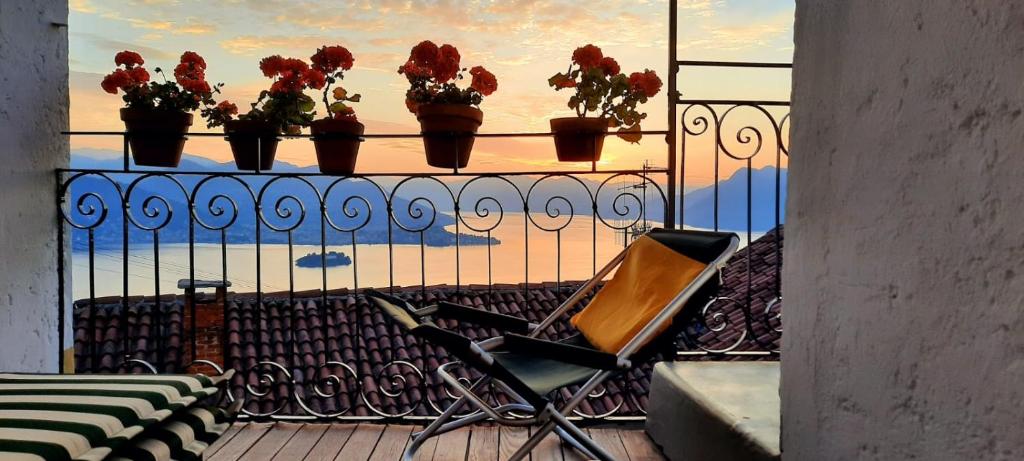 una sedia seduta su un balcone con piante in vaso di Ratto del Gallo a Stresa