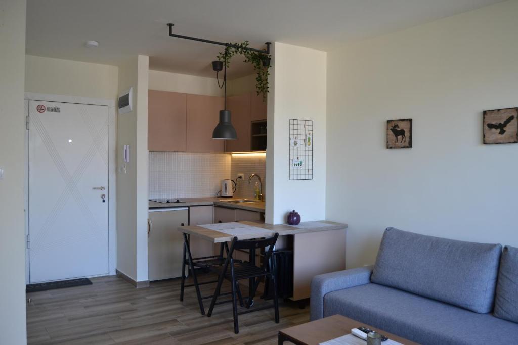 ein Wohnzimmer mit einem Sofa und einem Tisch sowie eine Küche in der Unterkunft Apartman Alisa in Veliko Gradište