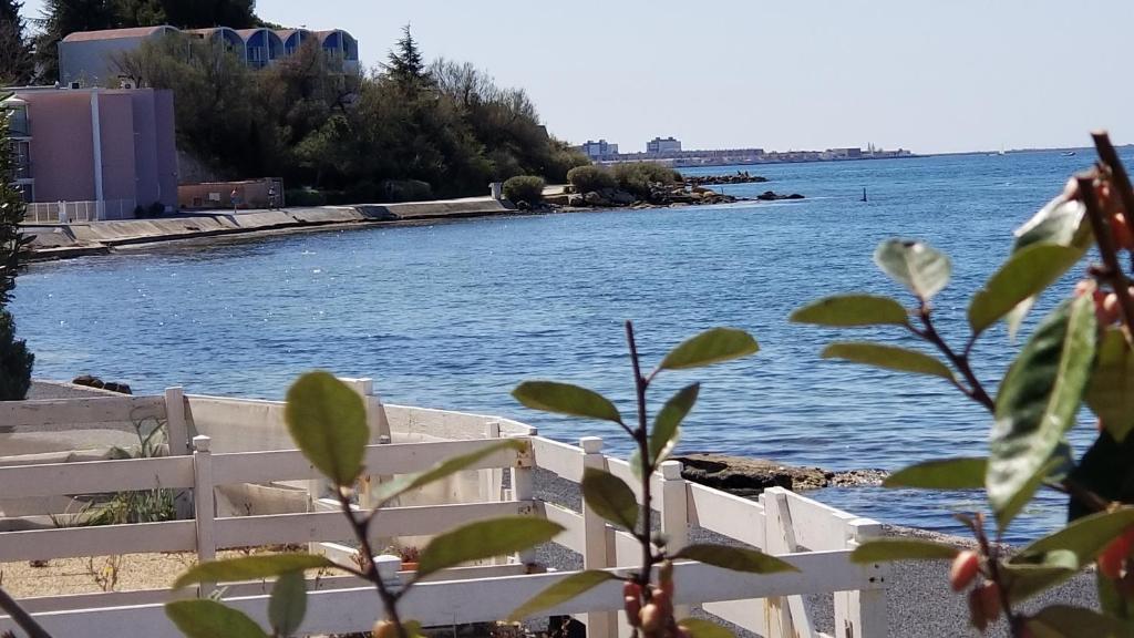 een wit hek naast een waterlichaam bij Charmant T2 pieds dans l'eau tout confort climatisé classé 2 étoiles tarif promotionnel pour curistes in Balaruc-les-Bains