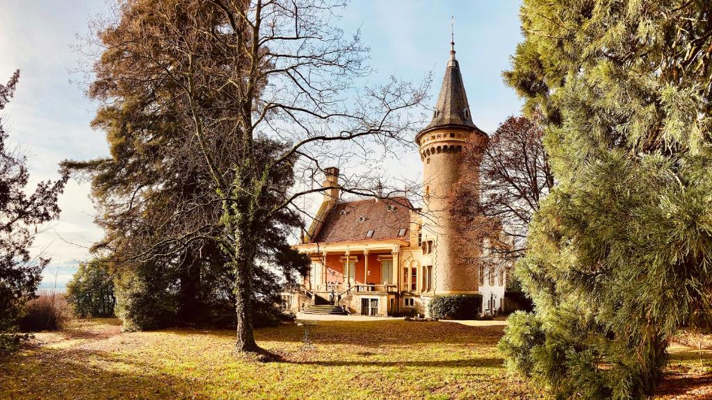 a large house with a tower on top of it at l'Attique du Château in Cormondreche
