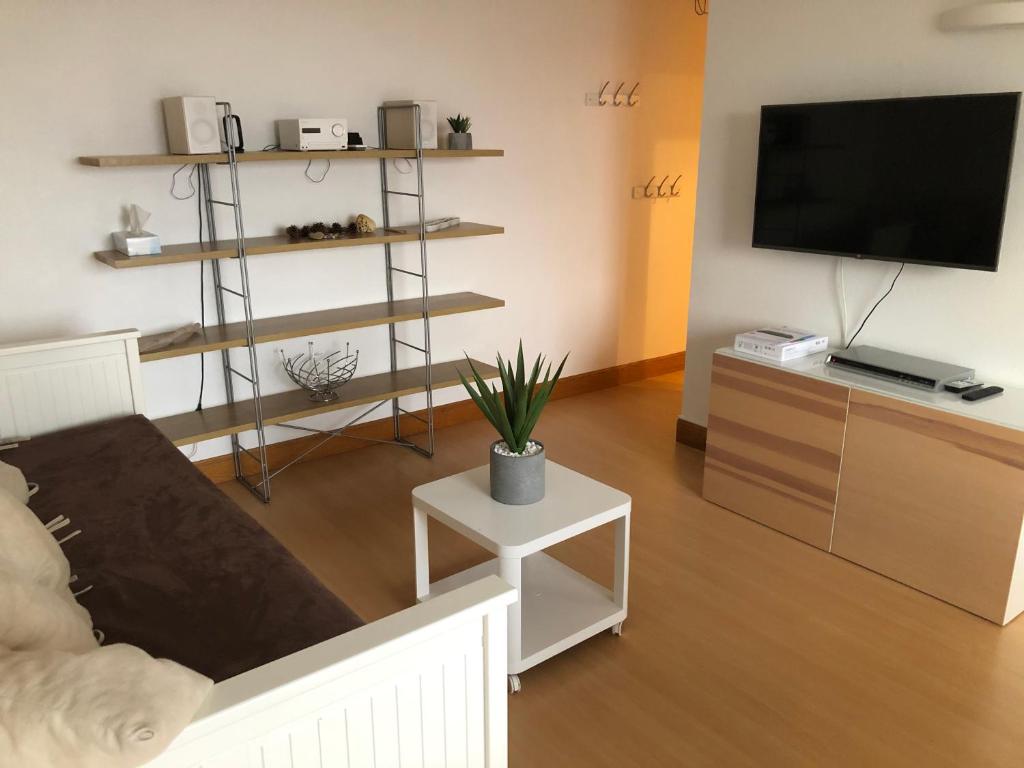 a living room with a couch and a flat screen tv at Appartement lumineux, avec balcon, à 200m de la plage in Hendaye