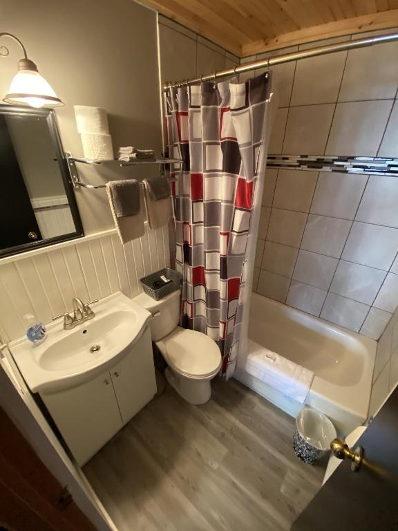 a bathroom with a toilet and a sink and a shower at The Pines Motel and Cottages in Rustico