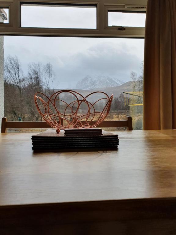 a metal object sitting on a table in front of a window at North Face Apartment , Fort William in Torlundy