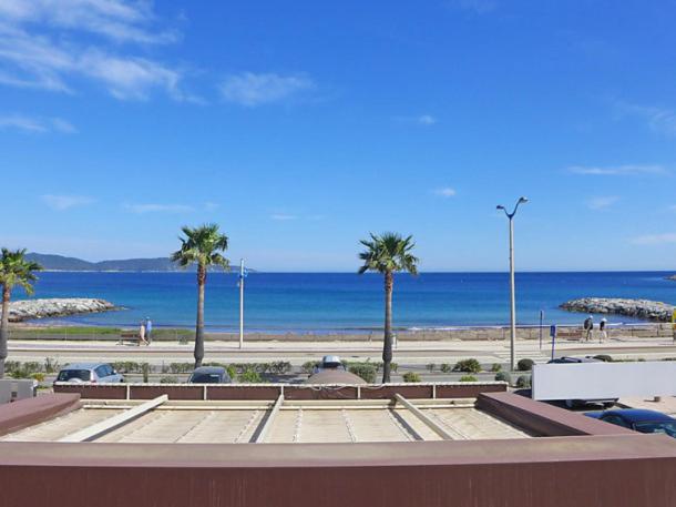 vistas a una playa con palmeras y al océano en appartement Cavalaire face à la mer en Cavalaire-sur-Mer