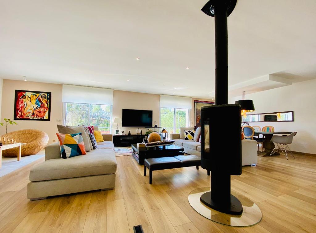 un ampio soggiorno con divano e camino di Villa Grey a Brignoles