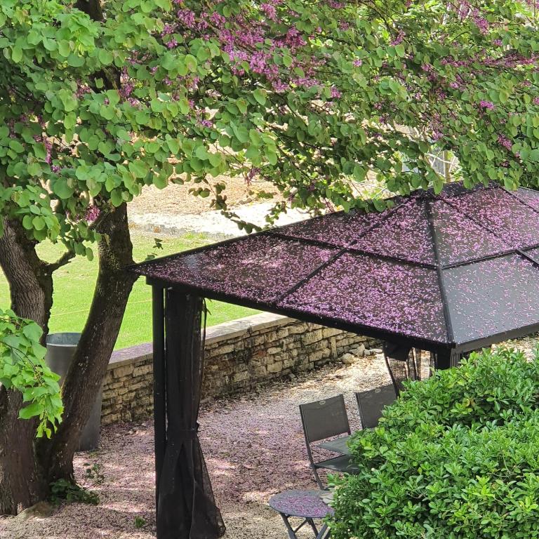 un parapluie violet et une chaise sous un arbre dans l'établissement Maison Laurenza La grande suite 1760, à Saint-Jean-de-Liversay
