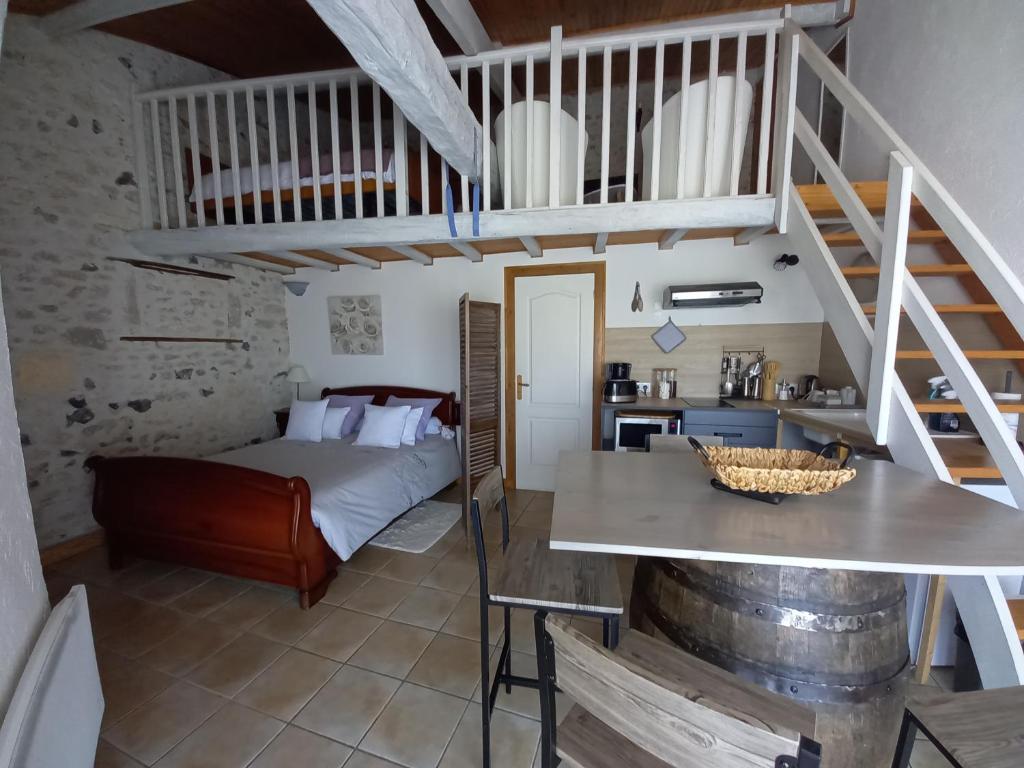 a bedroom with a bed and a staircase in a room at La charentaise ch d&#39;hôtes ,Studio in Chérac