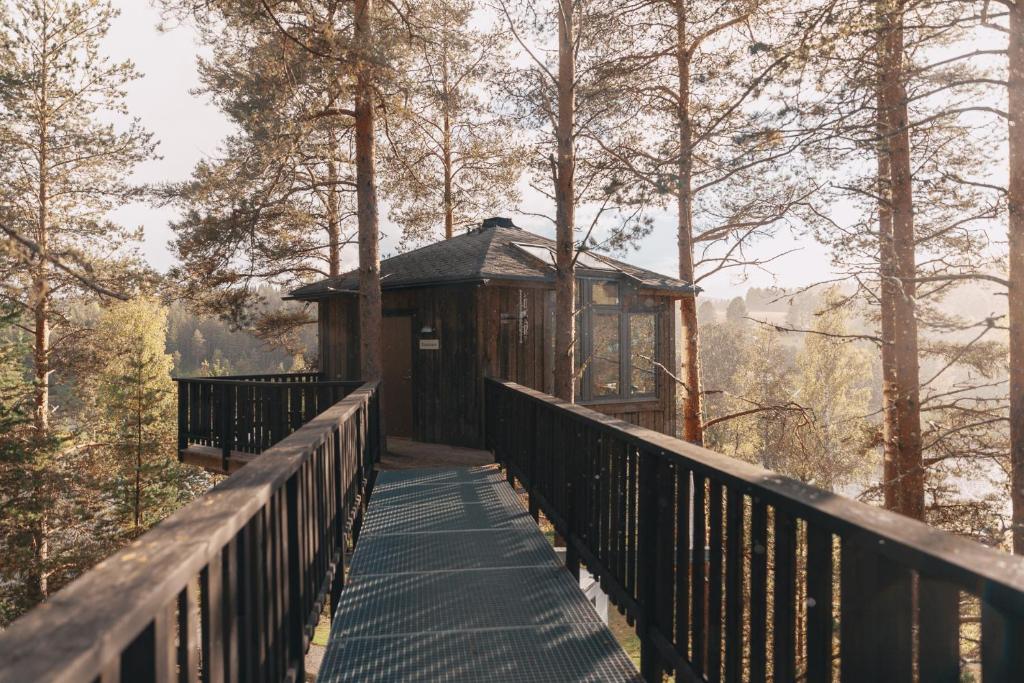 uma casa na árvore na floresta numa ponte em Granö Beckasin em Granön