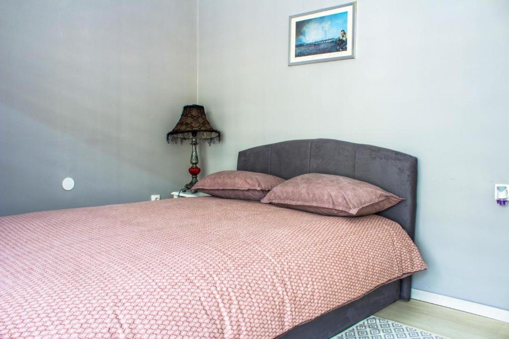- une chambre dotée d'un lit avec des draps roses et une lampe dans l'établissement BB Downtown Apartment, à Bajina Bašta