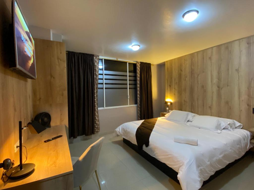 um quarto com uma cama, uma secretária e uma televisão em Hotel Wampushkar em Zamora