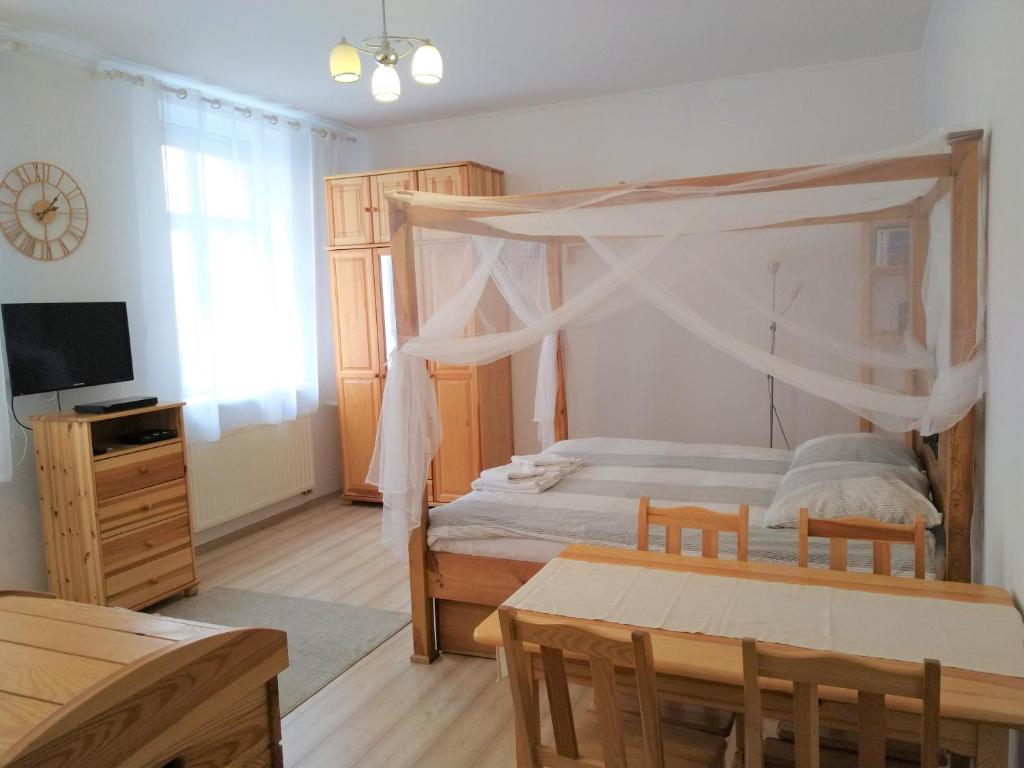 a bedroom with a bed and a table and a tv at Apartament Pijarska in Nowy Sącz