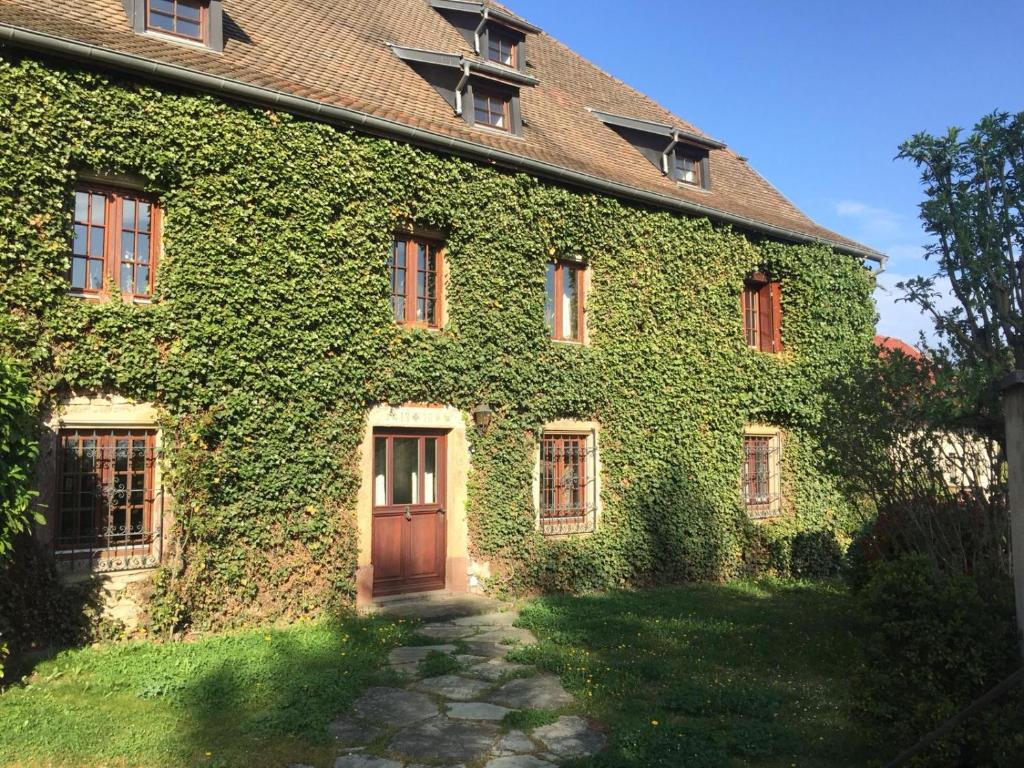 a building covered in ivy with a wooden door at Chambre baroque in Hagenthal-le-Bas