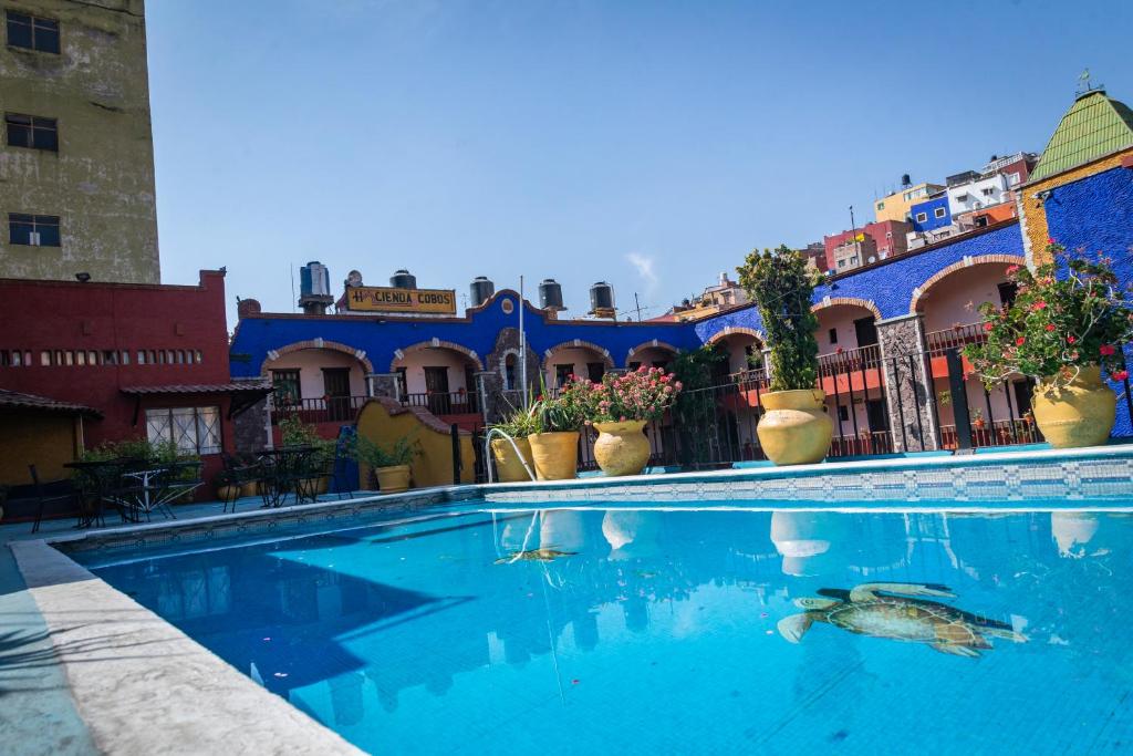 a swimming pool with a fish in the water at Hotel Hacienda de Cobos in Guanajuato