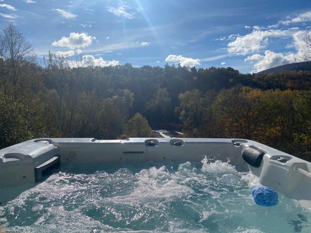 une baignoire remplie d'eau à côté d'une forêt dans l'établissement River Villa with amazing view + Jacuzzi, Garden, Forest access, à Vétraz-Monthoux