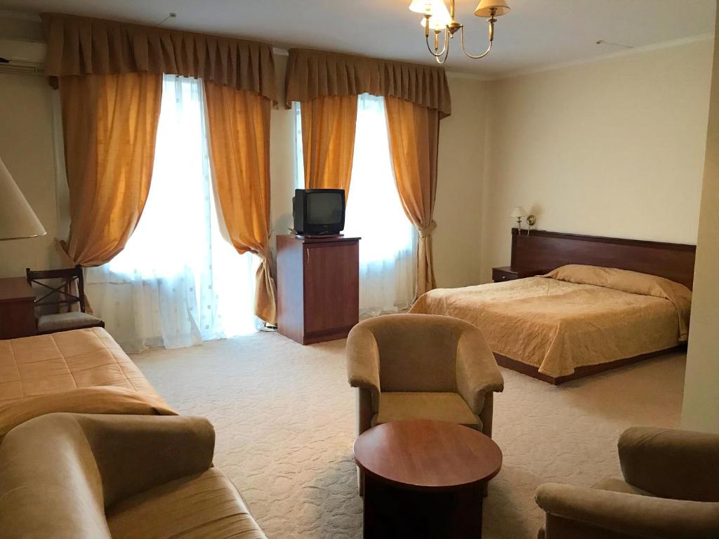 a bedroom with a bed and a tv and a couch at Готель Ягодин in Starovoitove