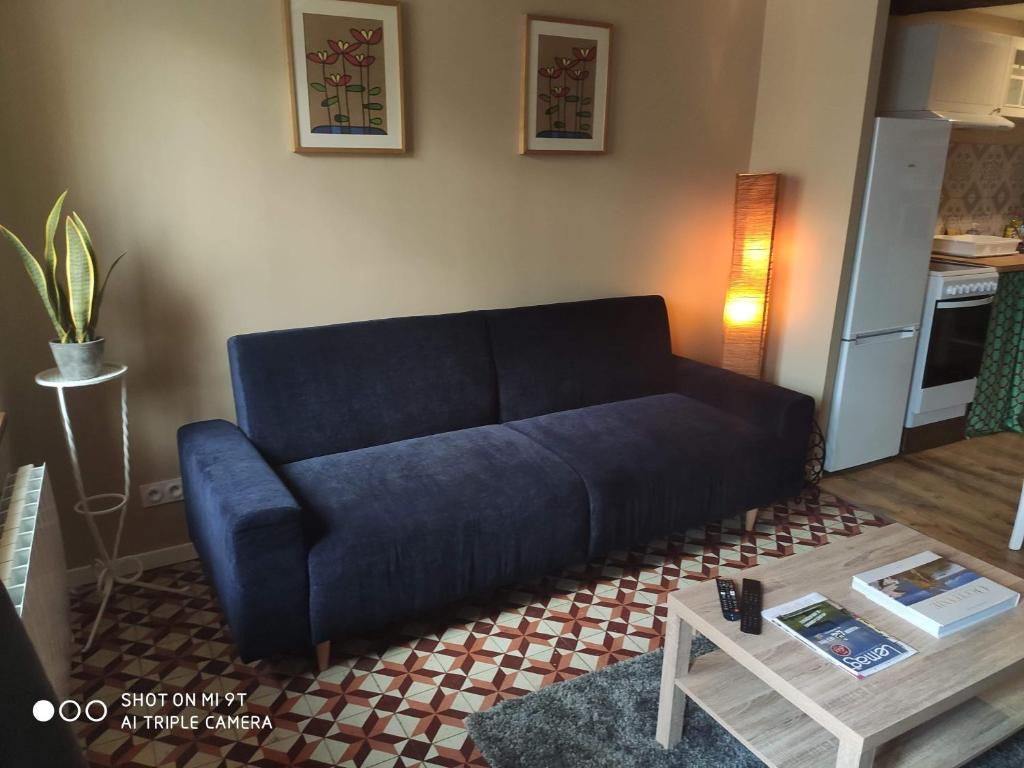 - un canapé bleu dans le salon avec une table dans l'établissement La petite maison dans la bastide, à Carcassonne