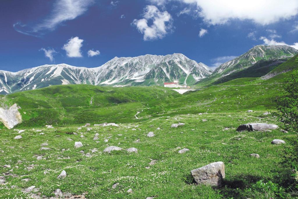 uma colina verde relvada com montanhas ao fundo em Hotel Tateyama em Tateyama