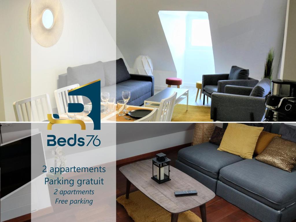 ein Wohnzimmer mit einem Sofa und einem Tisch in der Unterkunft Appartements Up & Down by Beds76 in Rouen