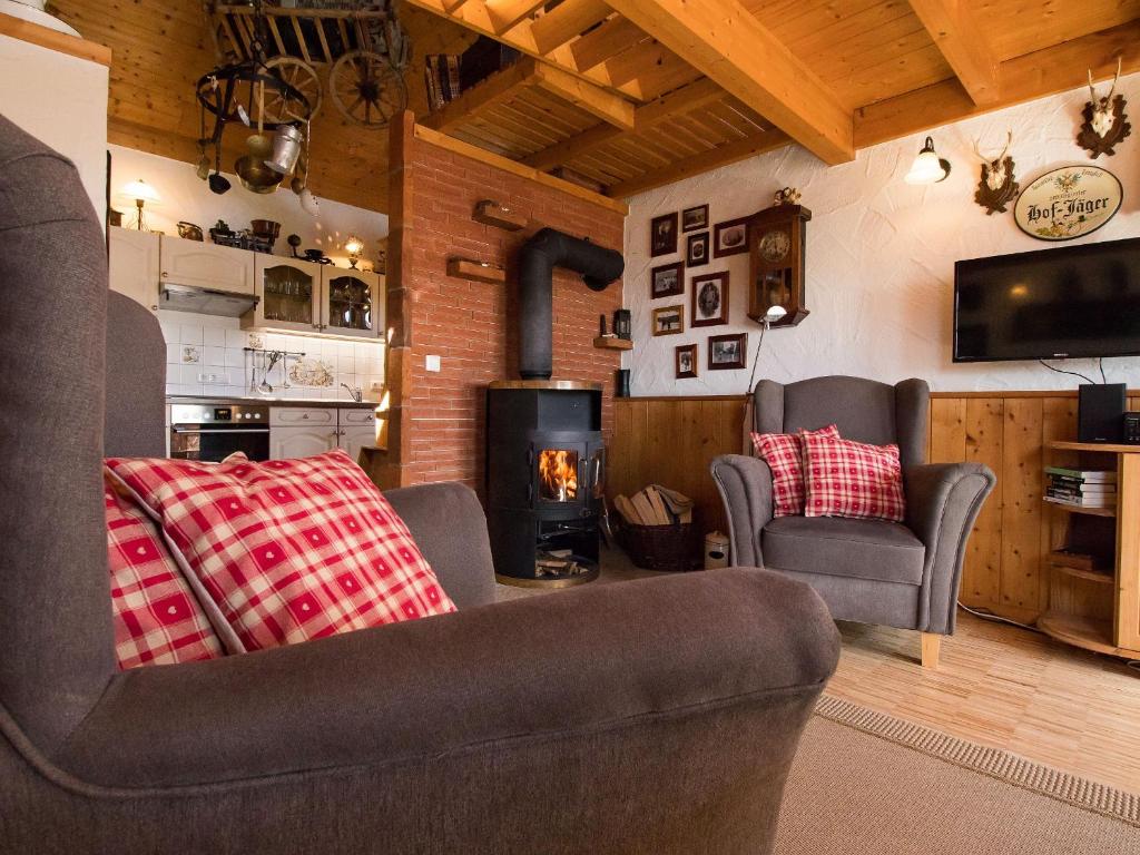 a living room with a couch and a fireplace at Ferienwohnung Heimatgefühl Thalheim in Leibertingen