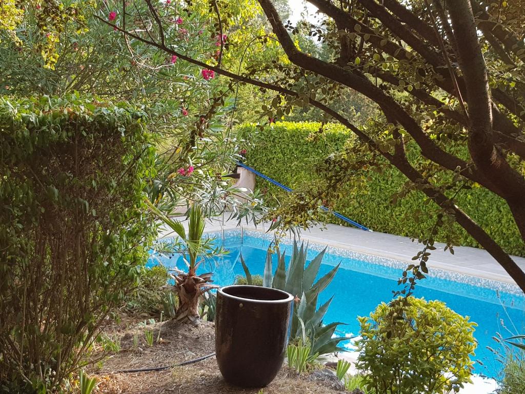 una olla negra sentada junto a una piscina en Villa Eglantine, en Peymeinade