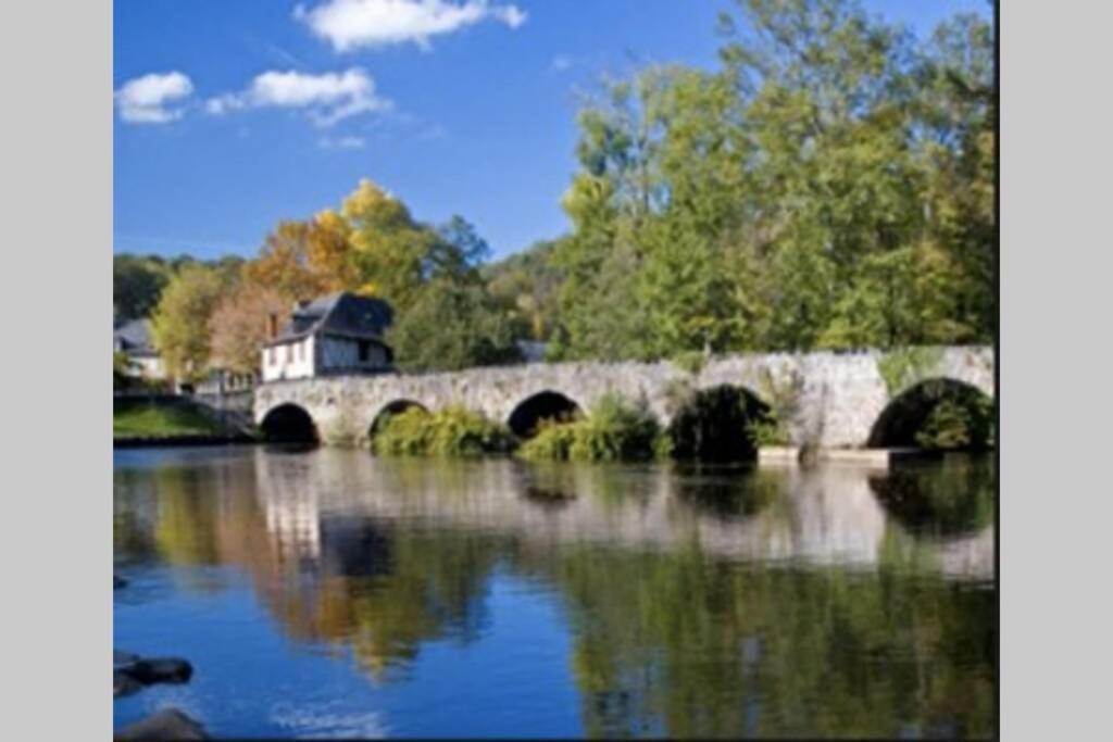 eine Brücke über einen Fluss mit einem Gebäude darauf in der Unterkunft LES HORTENSIAS Spacieuse Maison en ardoise du pays FIBRE in Voutezac