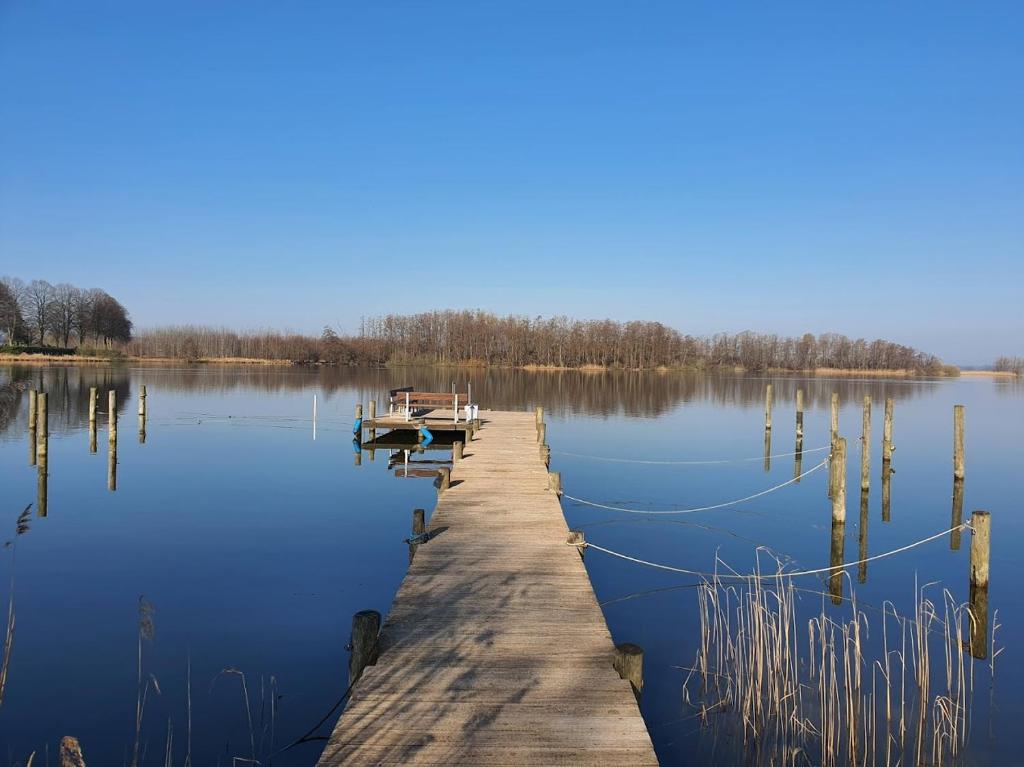 un muelle en un lago con un barco en el agua en Simone's Ferienwohnung am Plöner See en Bosau