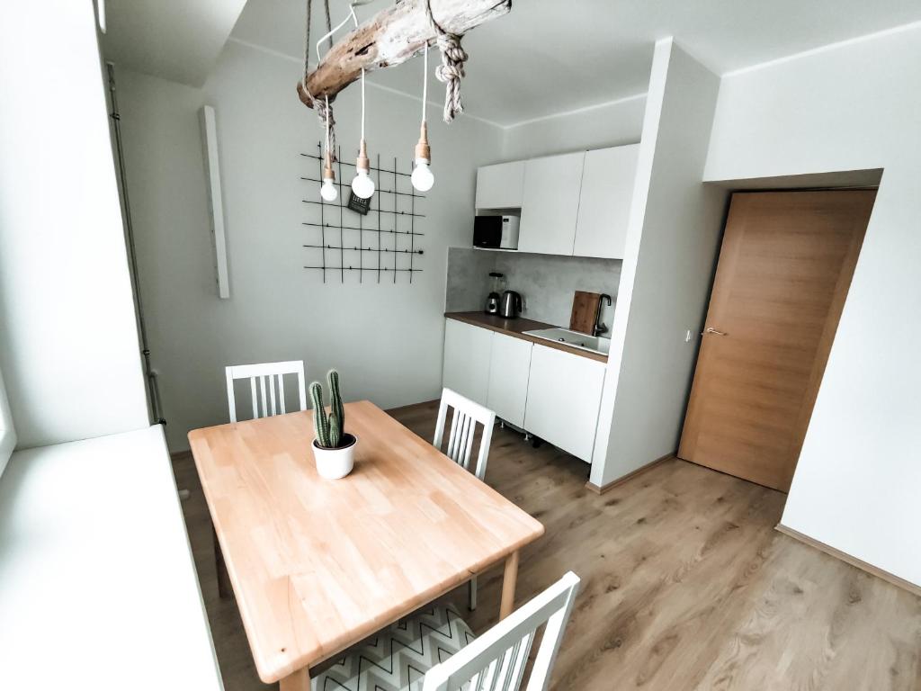 a kitchen and dining room with a wooden table and chairs at Suur-Sepa apartment near city centre and beach in Pärnu
