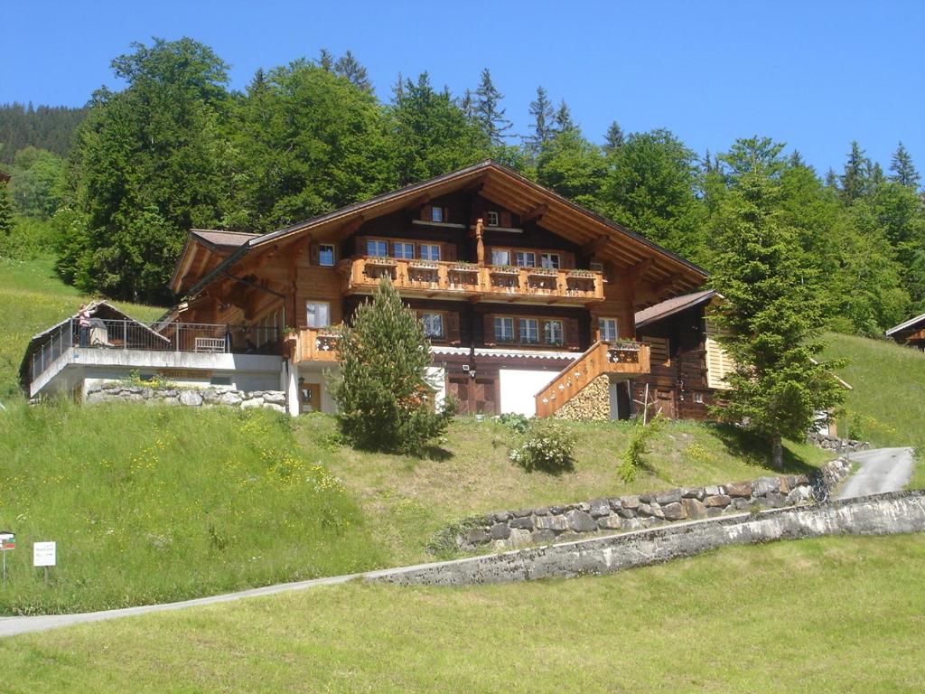 a large wooden house on top of a hill at Chalet Spinne in Grindelwald
