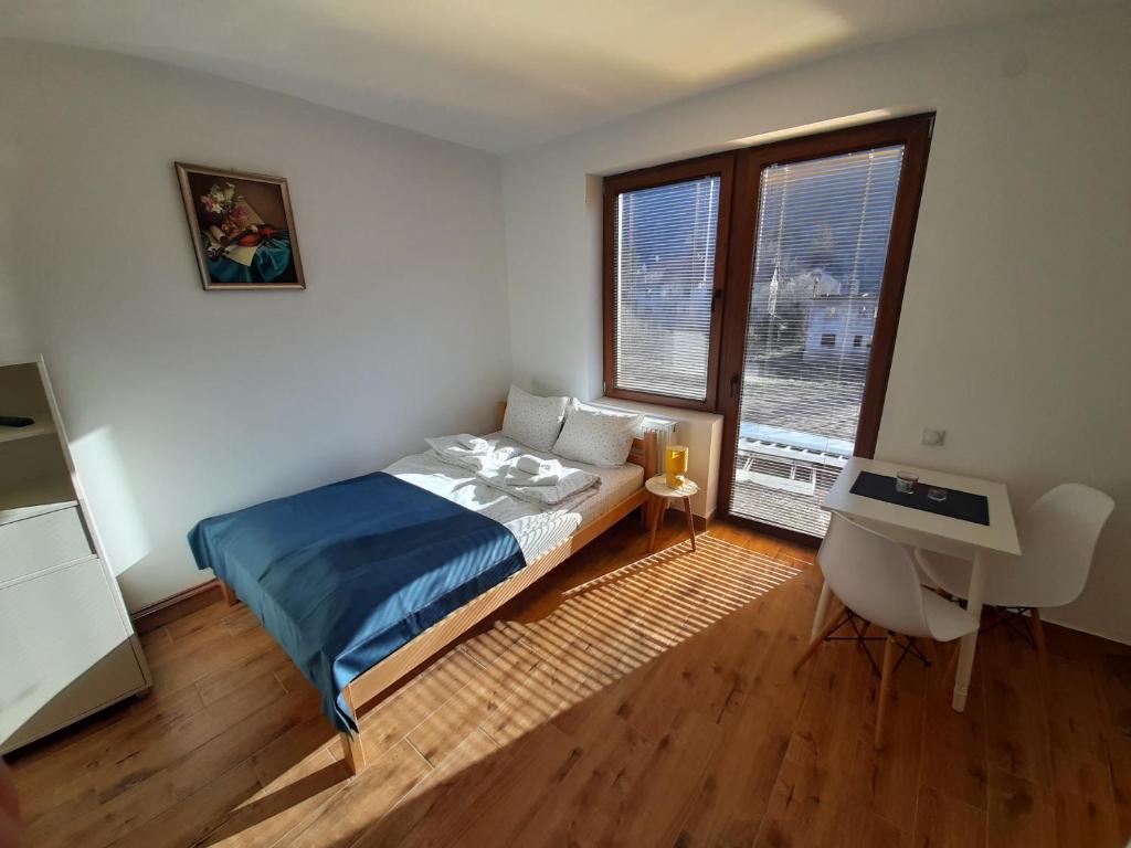 sypialnia z łóżkiem i dużym oknem w obiekcie Studio Gmitrovic w mieście Rtanj