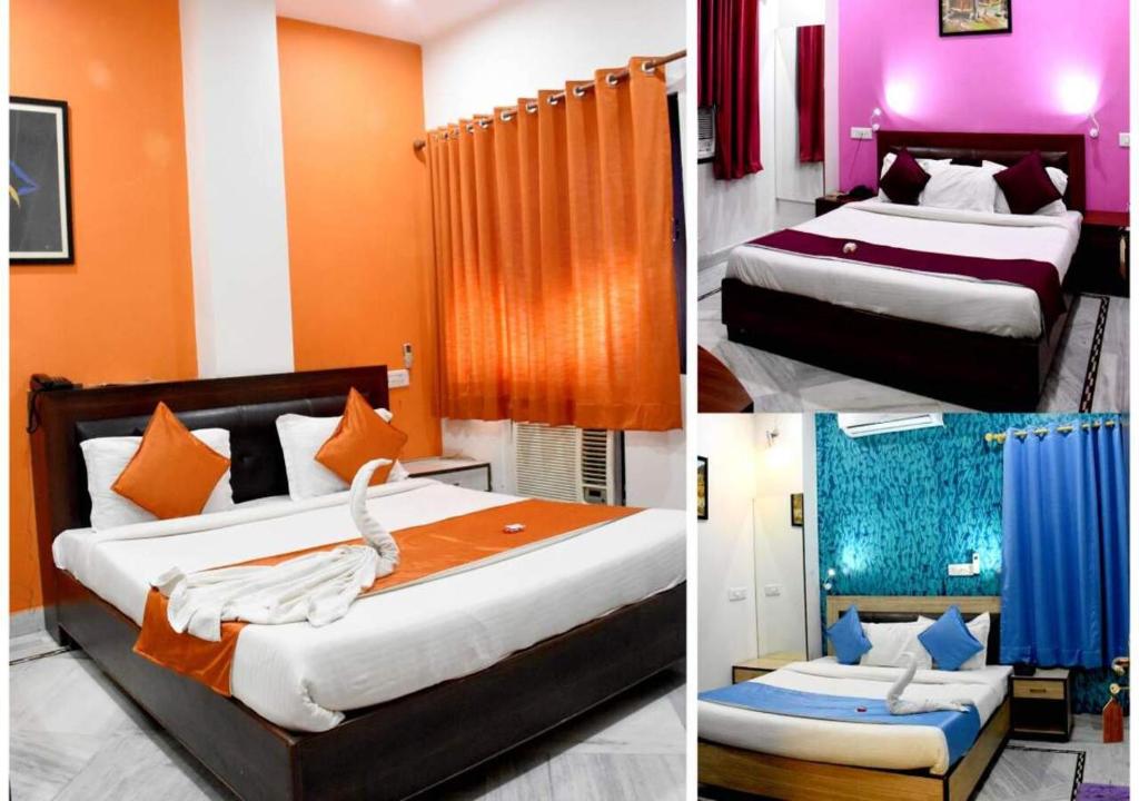 3 foto di una camera d'albergo con 2 letti di Hotel The Pride a Kota