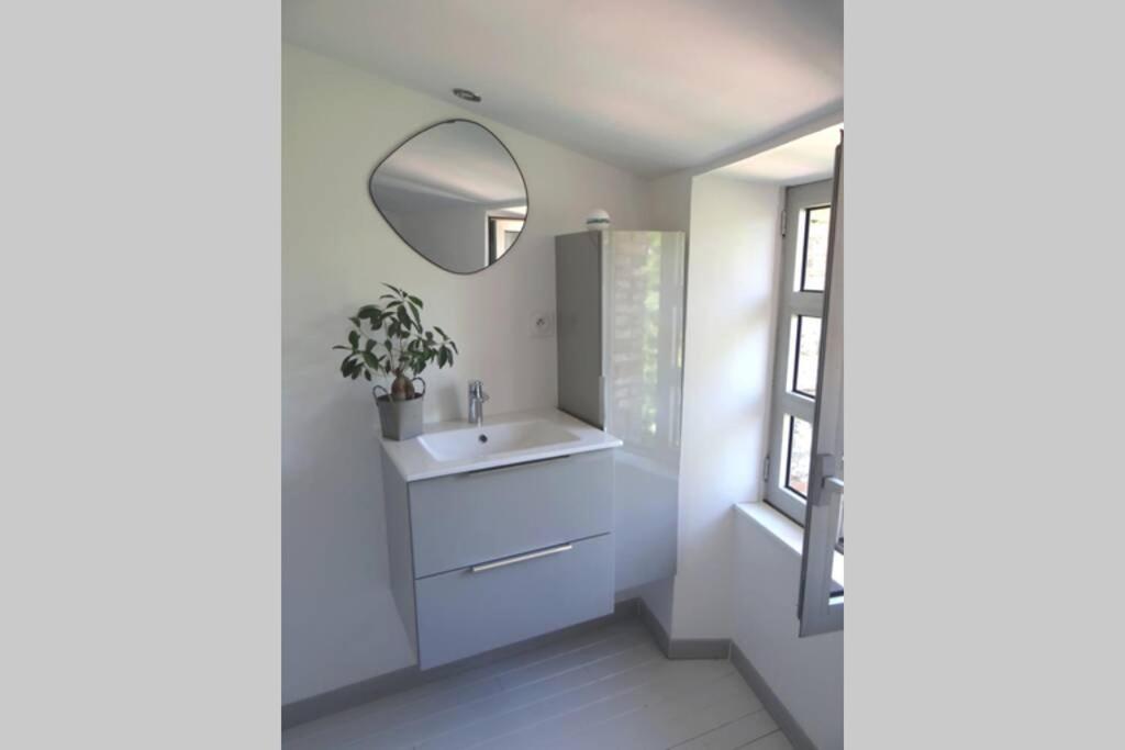 een badkamer met een wastafel en een spiegel bij Le 19 Rue **,Maison de charme proche du Puy du Fou in Mouchamps