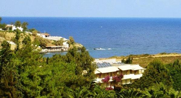 a house on a hill next to the ocean at Perla Apartments in Agia Pelagia