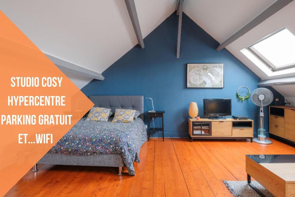 Schlafzimmer mit blauen Wänden, einem Bett und einem TV in der Unterkunft L'escale Nemourienne in Nemours