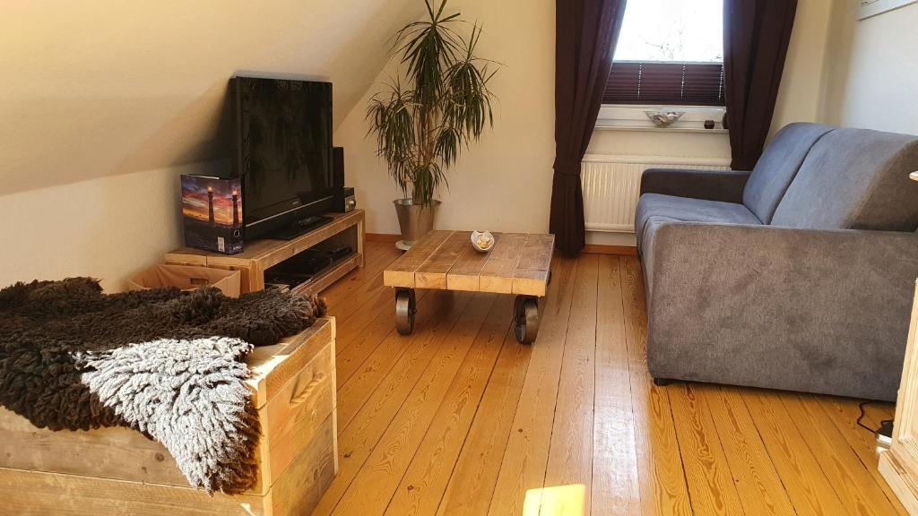 sala de estar con sofá y TV en Ferienwohnung Nordlicht Laboe en Laboe