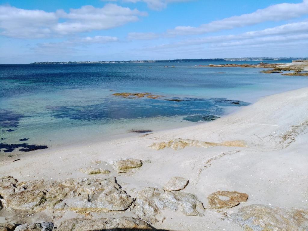 une plage avec des rochers et l'océan par beau temps dans l'établissement L'Océan à 100m via une venelle privée, la Ville Close à 500m, l'Archipel des Glénan à l'horizon, à Concarneau