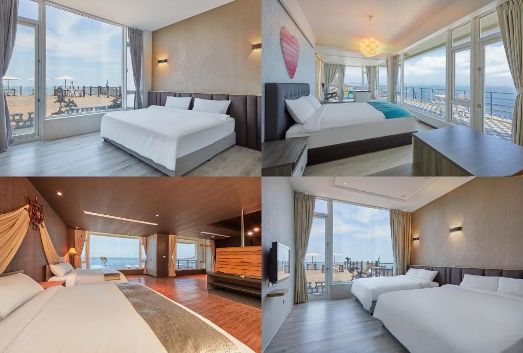 a collage of four pictures of a hotel room at Ferry of Love Homestay in Shimen