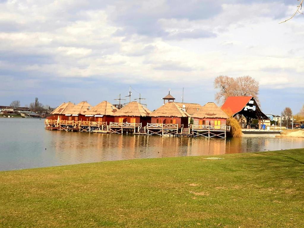 eine Gruppe von Hütten auf einem Dock im Wasser in der Unterkunft Senec vilka na jazere in Senec