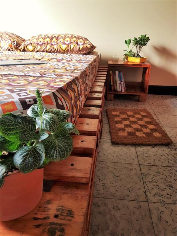 a bedroom with a bed with a wooden frame and plants at Tatami Hostel in Bucaramanga