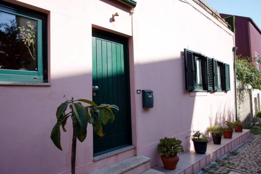 eine grüne Tür an der Seite eines Hauses mit Topfpflanzen in der Unterkunft BlancoHouse. fozdodouro in Porto