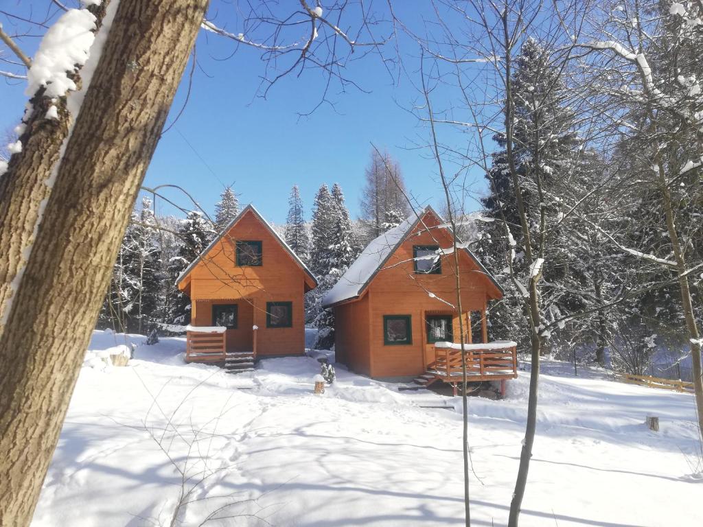 a couple of cabins in the snow at Domki Wisła Dolina Partecznik in Wisła