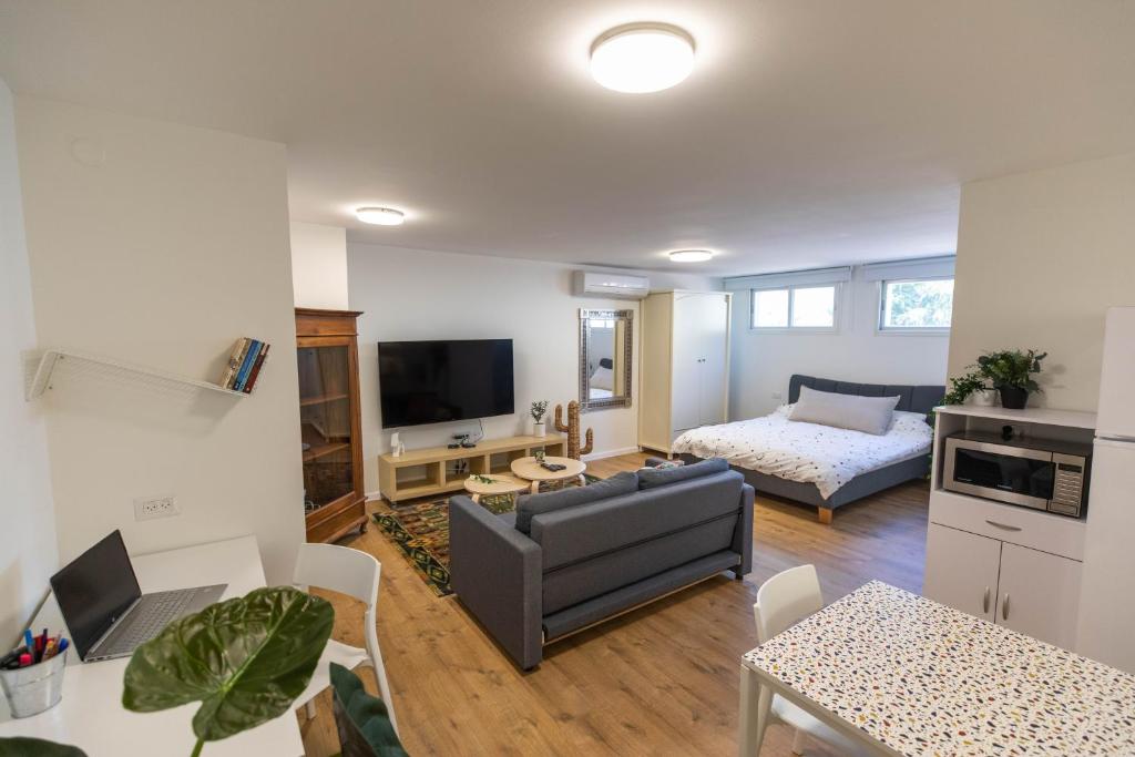 een woonkamer met een bank en een bed bij Sheba-Shik apartment, Tel hashomer שיבא-שיק, תל השומר,דירת סטודיו מקסימה! in Ramat Gan