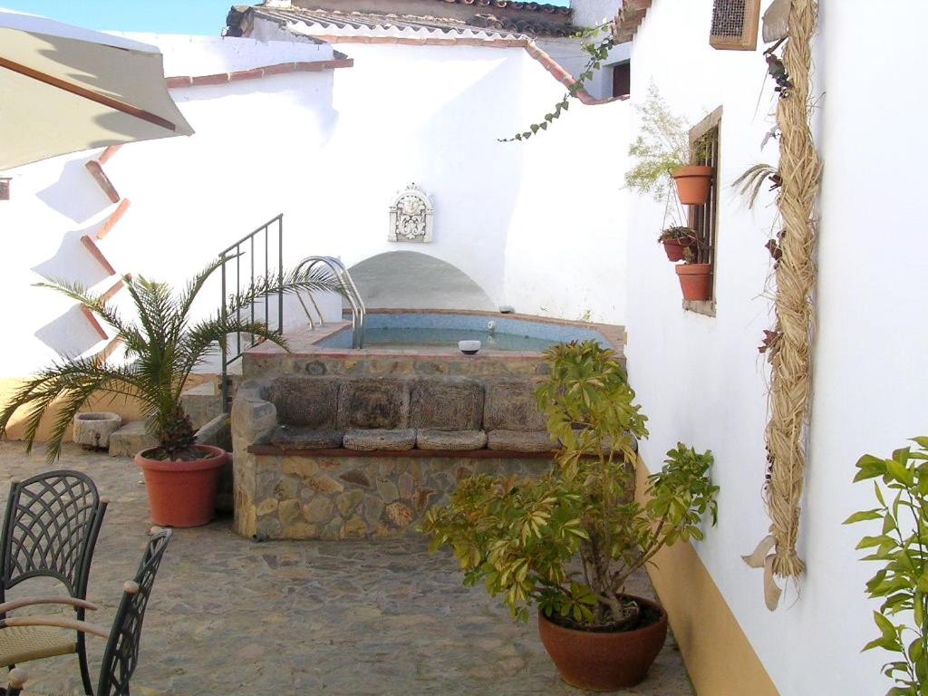 eine Terrasse mit einem Whirlpool in einem Gebäude mit Topfpflanzen in der Unterkunft Casa Rural Los Gaitanes in Valverde de Leganés