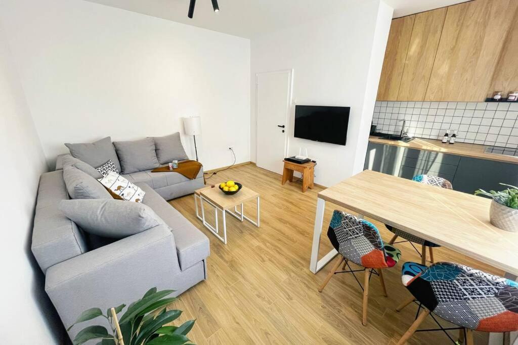uma sala de estar com um sofá e uma mesa em MILLENNIUM bridge cozy apartment TOP location em Podgorica