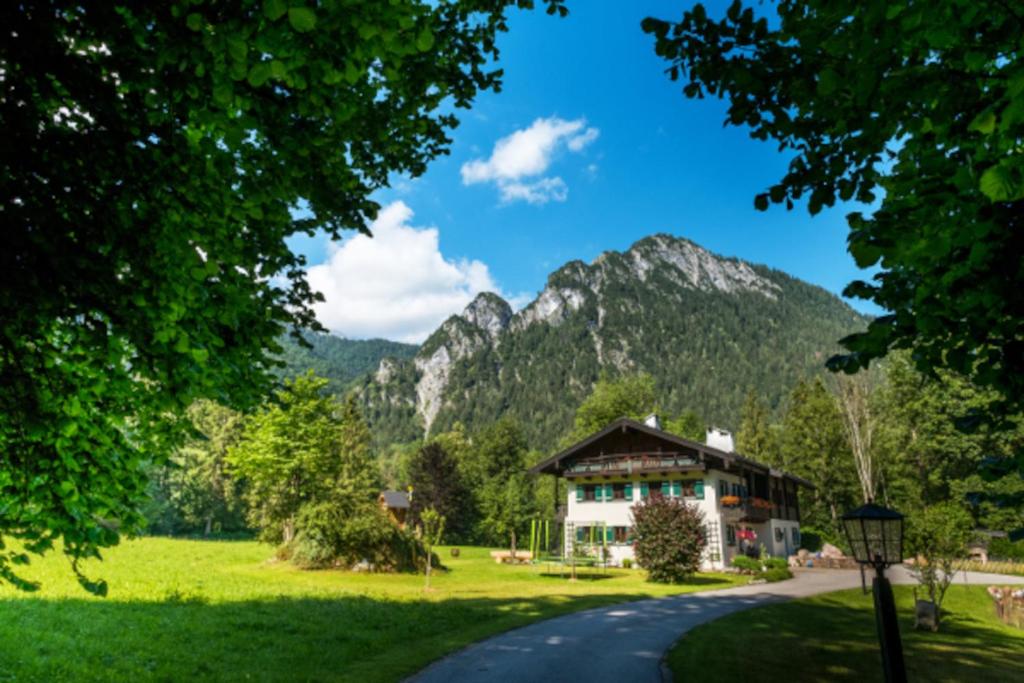 een huis in een veld met een berg op de achtergrond bij Flinsenlehen in Schönau am Königssee